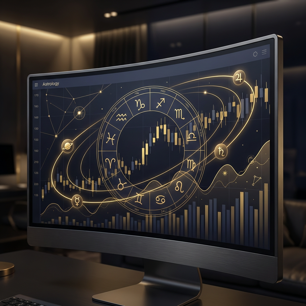 AstroOracle financial astrology dashboard showing zodiac wheel overlaid on market charts