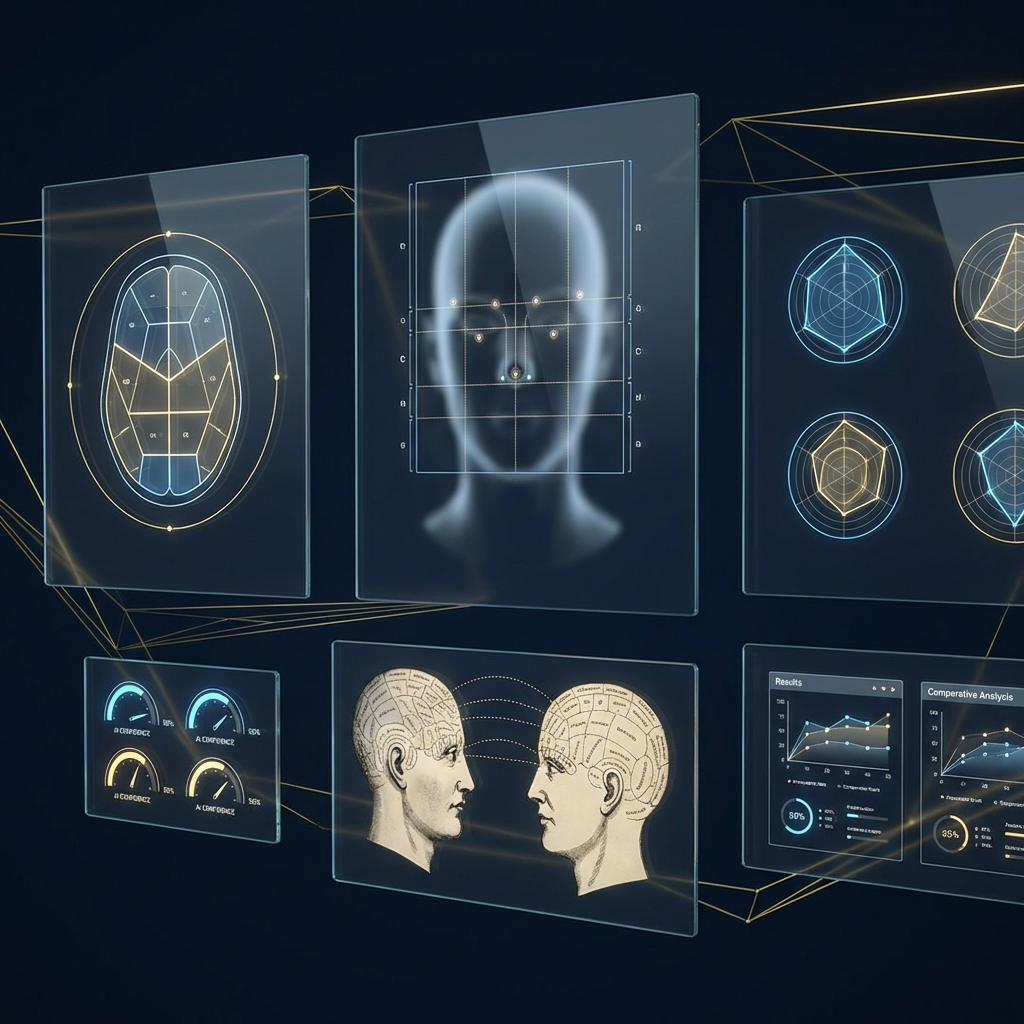 Multi-panel analysis dashboard showing cranial mapping, facial landmarks, and phrenological organ zones