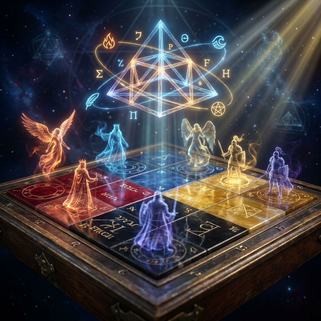 Enochian Chess board with four elemental quadrants showing piece positions and Tarot correspondences