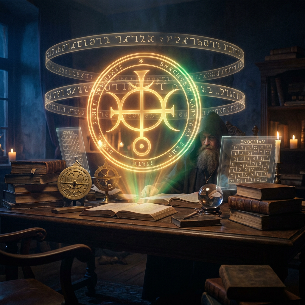 John Dee Enochian Magic system showing Monas Hieroglyphica symbol with angelic tablet overlays