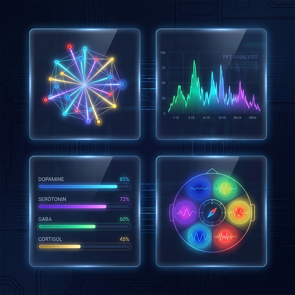 Psychiatric Voice Analyzer dashboard with polyhedron visualization, FFT spectrum, neurotransmitter chart, and EEG brain map