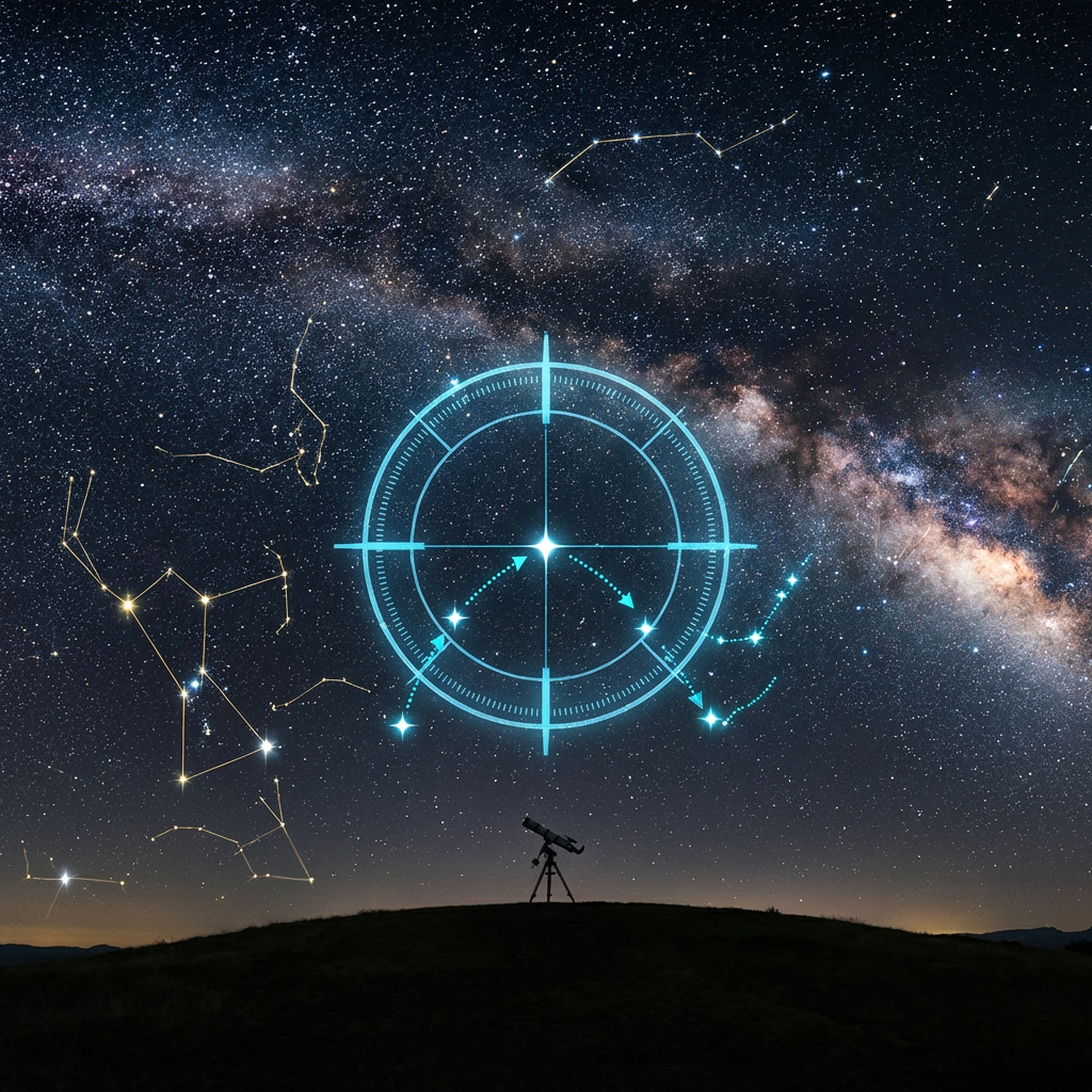 Star Finder Navigator showing constellation overlay on night sky with star-hopping path indicators